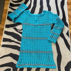 One of a kind! Vintage 70s Handmade Turquoise and Gray Crochet Dress